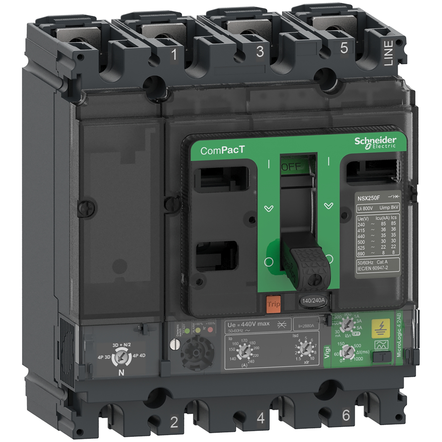 ComPacT NSX250B - Disjoncteur Vigi - MicroLogic 4.2AB 240A - 4P4D - 25kA - fixe