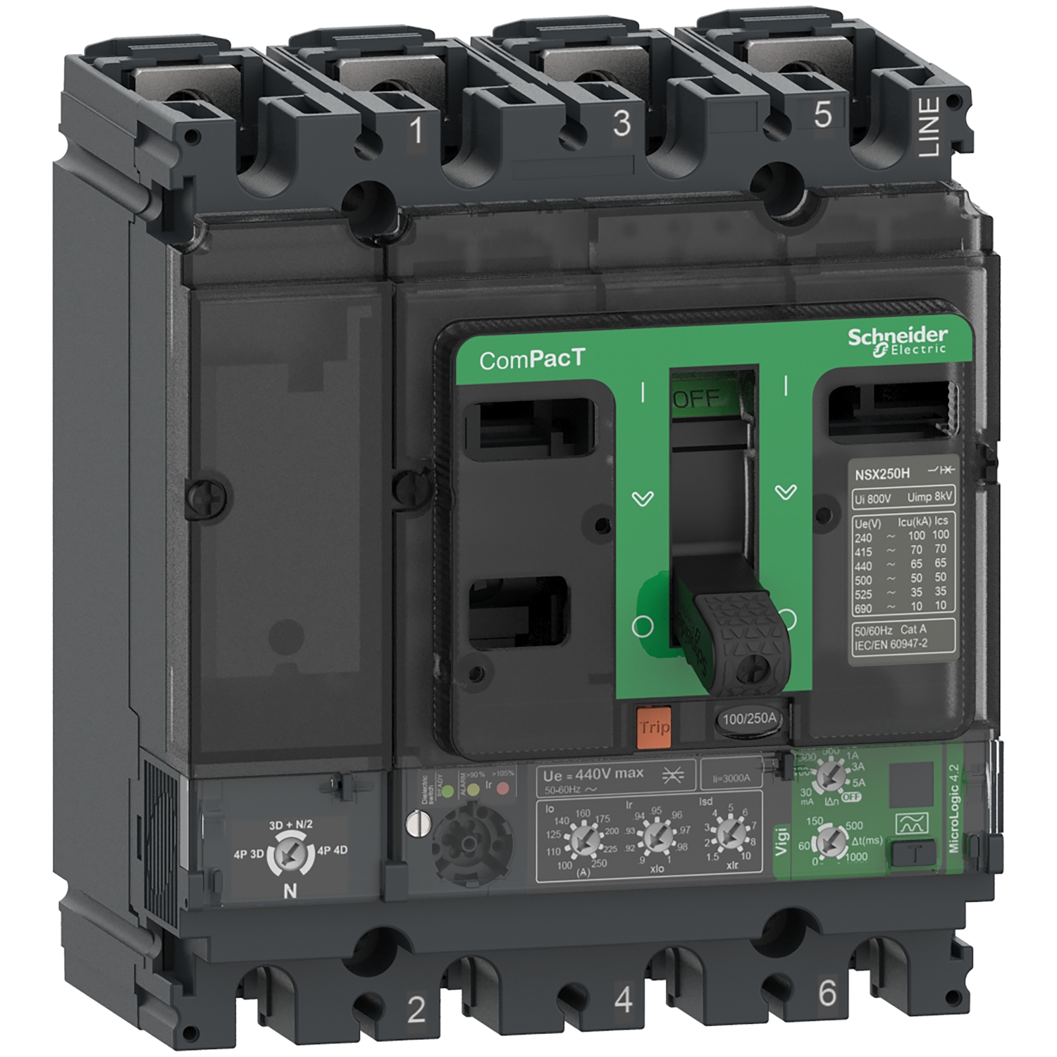 ComPacT NSX250H - Disjoncteur Vigi - MicroLogic 4.2 100A - 4P4D - 70kA - fixe