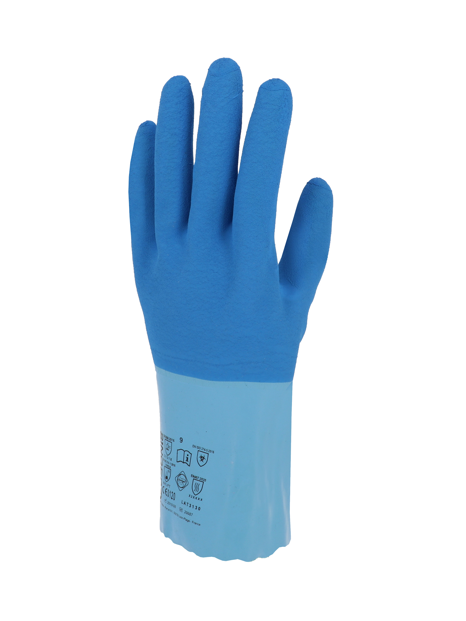 GANTS LATEX BLEU, PAUME ADHER. CAV 7