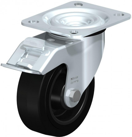 Roulette pivotante en tôle d’acier, version mi-lourde, avec platine à visser et blocage “stop-fix”