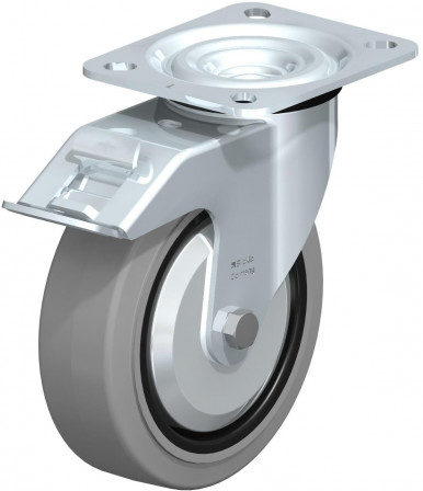 Roulette pivotante en tôle d’acier, version mi-lourde, avec platine à visser et blocage “stop-fix”