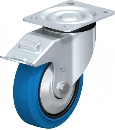 Roulette pivotante en tôle d’acier, version mi-lourde, avec platine à visser et blocage “stop-fix”