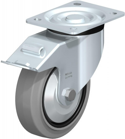 Roulette pivotante en tôle d’acier, version mi-lourde, avec platine à visser et blocage “stop-fix”