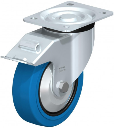 Roulette pivotante en tôle d’acier, version mi-lourde, avec platine à visser et blocage “stop-fix”