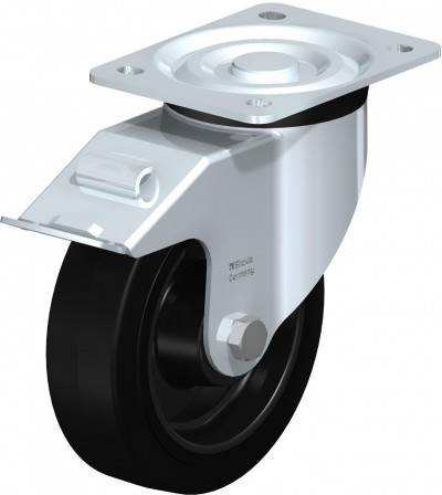 Roulette pivotante en tôle d’acier, version mi-lourde, avec platine à visser et blocage “stop-fix”