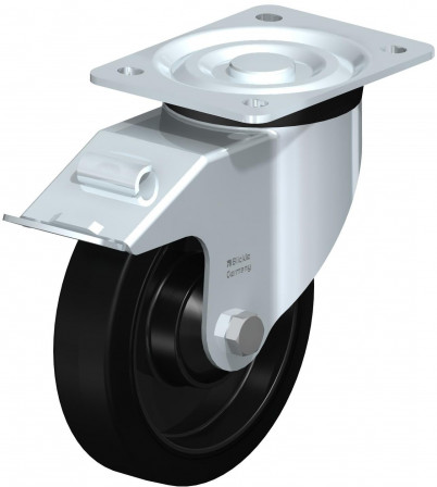 Roulette pivotante en tôle d’acier, version mi-lourde, avec platine à visser et blocage “stop-fix”