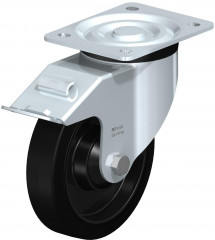 Roulette pivotante en tôle d’acier, version mi-lourde, avec platine à visser et blocage “stop-fix”