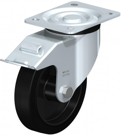 Roulette pivotante en tôle d’acier, version mi-lourde, avec platine à visser et blocage “stop-fix”