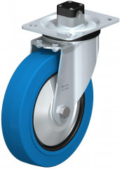 Roulette pivotante en tôle d’acier, version mi-lourde, avec platine à visser et blocage centralisé “central-stop”