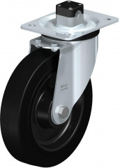 Roulette pivotante en tôle d’acier, version mi-lourde, avec platine à visser et blocage centralisé “central-stop”