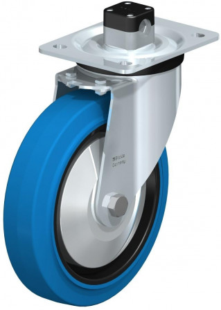 Roulette pivotante en tôle d’acier, version mi-lourde, avec platine à visser et blocage centralisé “central-stop”