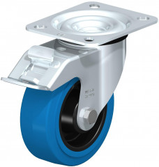 Roulette pivotante en tôle d’acier, avec platine à visser et blocage “stop-fix”