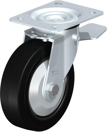 Roulette pivotante en tôle d’acier, avec platine à visser et blocage “stop-top”