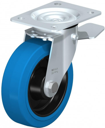 Roulette pivotante en tôle d’acier, avec platine à visser et blocage “stop-top”