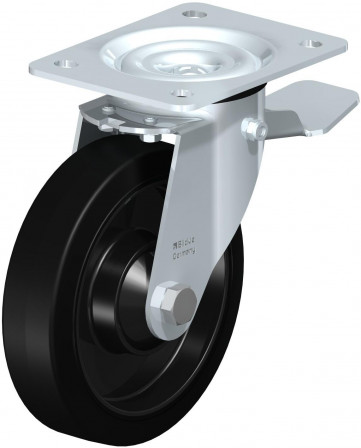 Roulette pivotante en tôle d’acier, avec platine à visser et blocage “stop-top”