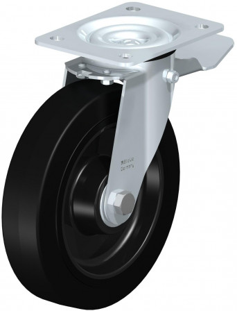 Roulette pivotante en tôle d’acier, avec platine à visser et blocage “stop-top”