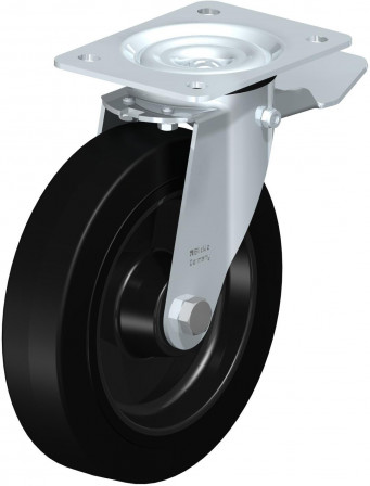 Roulette pivotante en tôle d’acier, avec platine à visser et blocage “stop-top”