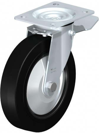 Roulette pivotante en tôle d’acier, avec platine à visser et blocage “stop-top”