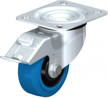 Roulette pivotante en tôle d’acier, avec platine à visser et blocage “stop-fix”