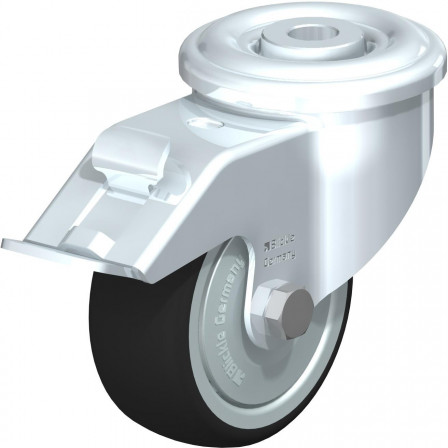 Roulette pivotante en tôle d’acier, avec trou central et blocage “stop-fix”