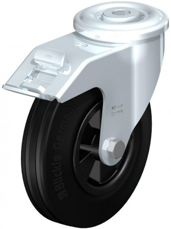 Roulette pivotante en tôle d’acier, avec trou central et blocage “stop-fix”