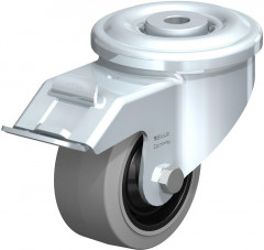 Roulette pivotante en tôle d’acier, version lourde, avec trou central et blocage “stop-fix”