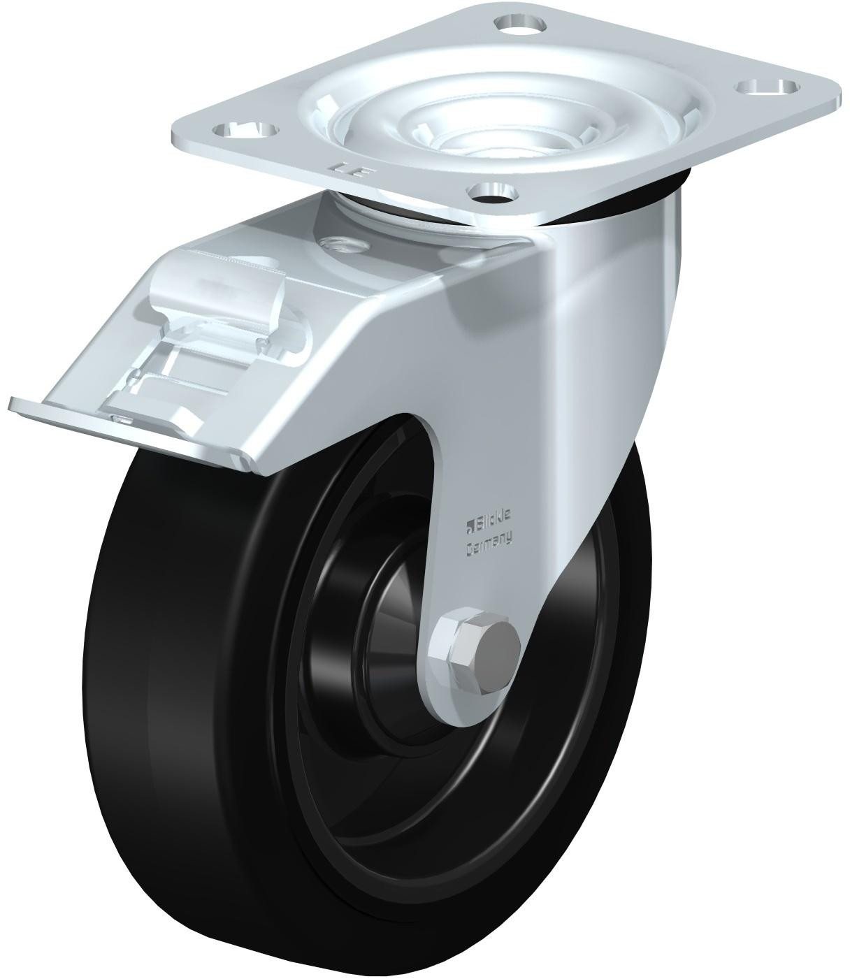 Roulette pivotante en tôle d’acier, avec platine à visser et blocage “stop-fix”