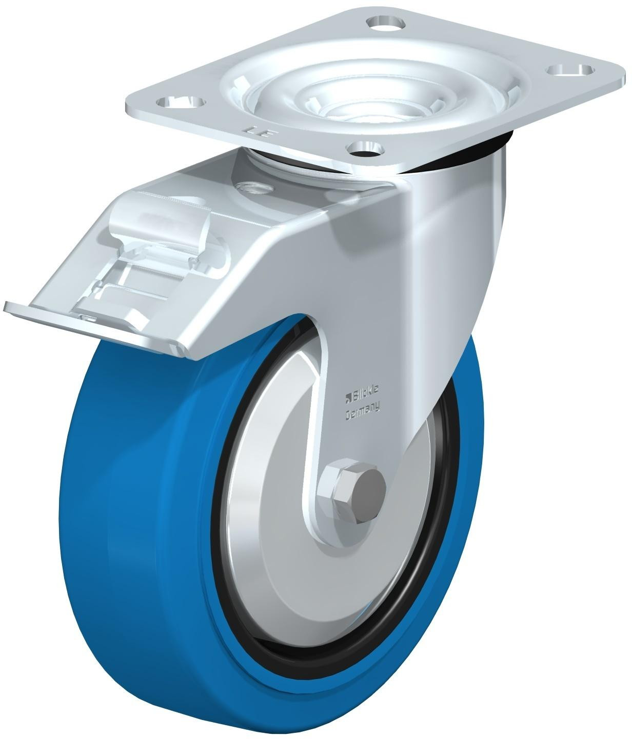 Roulette pivotante en tôle d’acier, avec platine à visser et blocage “stop-fix”