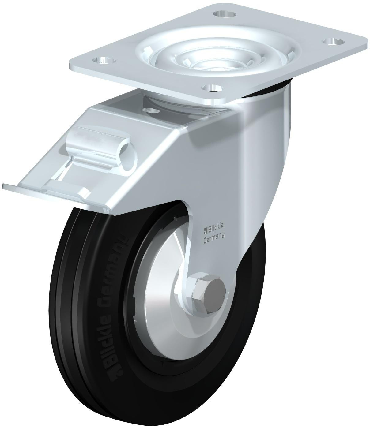 Roulette pivotante en tôle d’acier, avec platine à visser et blocage “stop-fix”