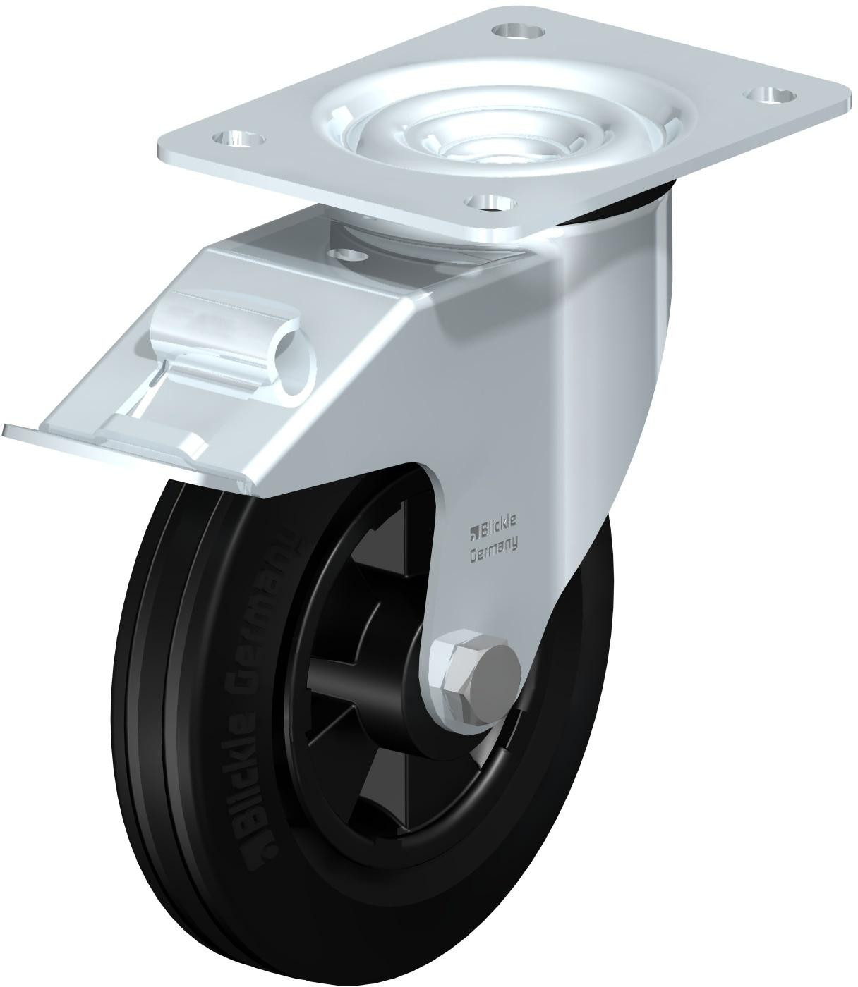 Roulette pivotante en tôle d’acier, avec platine à visser et blocage “stop-fix”