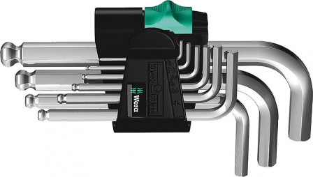 Jeu de clés mâles coudéessur monture 9 pièces 1,5 -10mm courtes tête sphér.