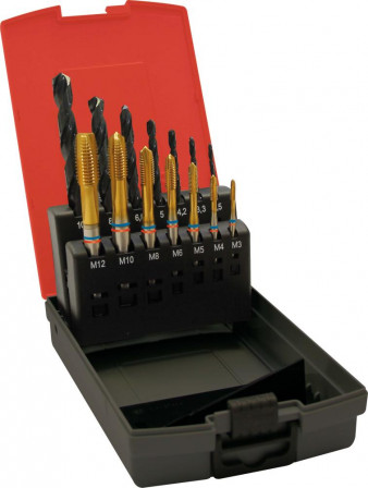 Jeu de tarauds machine Fat Tandem DIN371 HSSE-PM TiN type N 6G forme B M3-M12+forets avant-trous