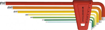 Jeu de clés mâles coudéesds support plast. 7 pcs 1,5-6mm Rainbow Tête sph.