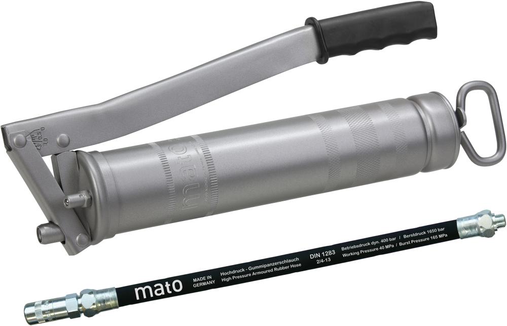 Pompe à graisse tout acier E500 avec tuyau M10x1 cartouche 400g /en vrac 500g 