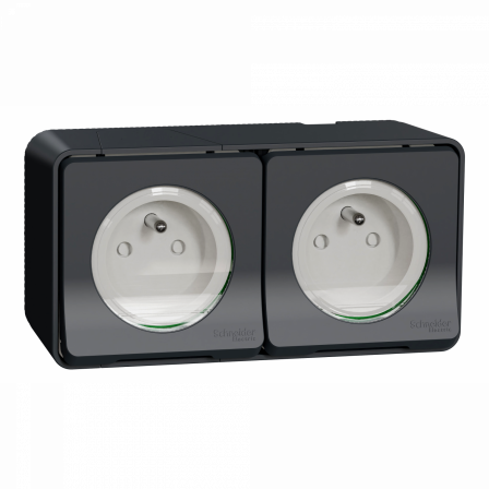 Mureva Styl - Double prise 2P+T précâblée horiz - saillie - IP55 - IK08 - gris