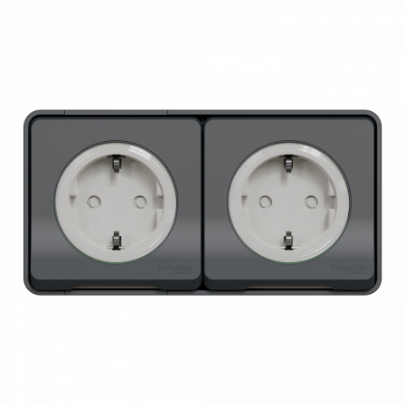 Mureva Styl - Double PC 2P+T schuko précâblée horiz - saillie - IP55 IK08 - gris