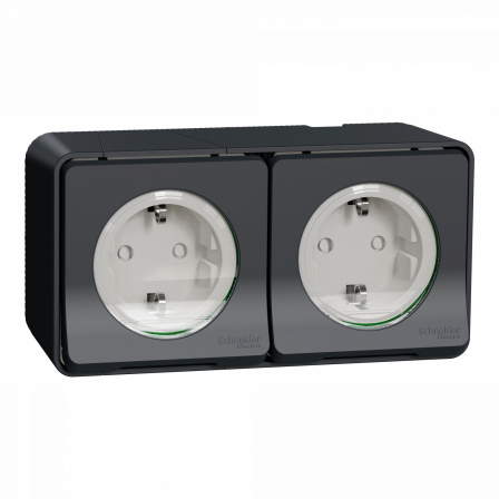 Mureva Styl - Double PC 2P+T schuko précâblée horiz - saillie - IP55 IK08 - gris