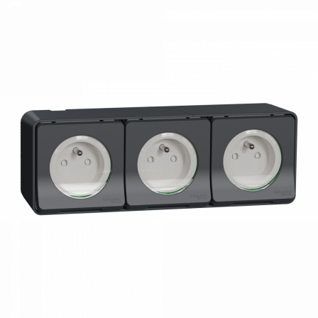 Mureva Styl - Triple PC 2P+T horiz. précâblée - saillie - IP55 - IK08 - gris