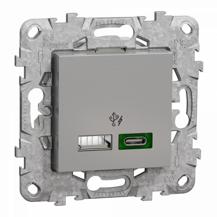 Unica - prise chargeur USB - C 45W + A 7,5W - 2 mod - alu - méca support fix