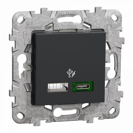 Unica - prise chargeur USB - C 45W + A 7,5W - 2 mod - anth - méca support fix