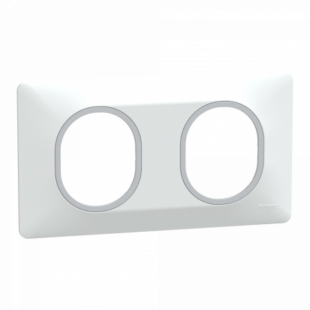 Ovalis - Plaque de finition - 2 postes Horiz - 71mm - Blanc bague Argent Chromé