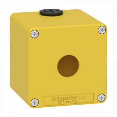 Boite métal vide jaune pour arrêts d'urgence M20 1 trou 22mm 80x80x77 UL cULus