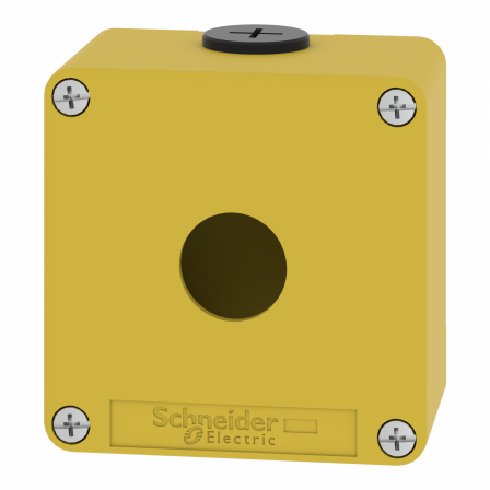 Boite métal vide jaune pour arrêts d'urgence M20 1 trou 22mm 80x80x51,5 UL cULus