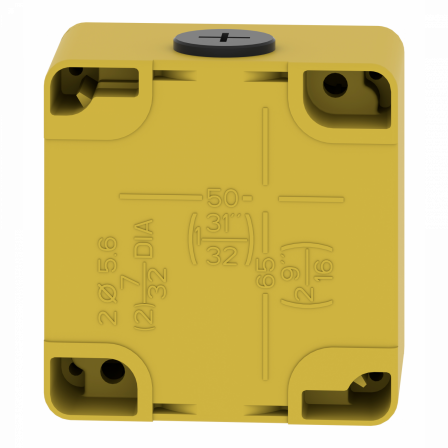 Boite métal vide jaune pour arrêts d'urgence M20 1 trou 22mm 80x80x51,5 UL cULus