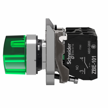 Harmony XB4 - bouton à manette lumin - Ø22 - 2 pos fix - vert - 1O+1F - 230V