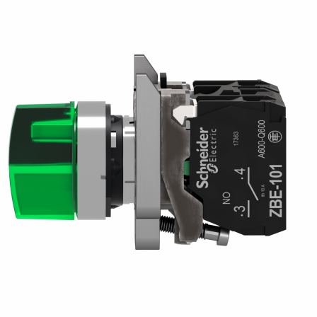 Harmony XB4 - bouton à manette lumin - Ø22 - 3 pos fix - vert - 1O+1F - 24V
