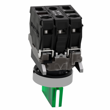 Harmony XB4 - bouton à manette lumin - Ø22 - 3 pos fix - vert - 1O+1F - 24V