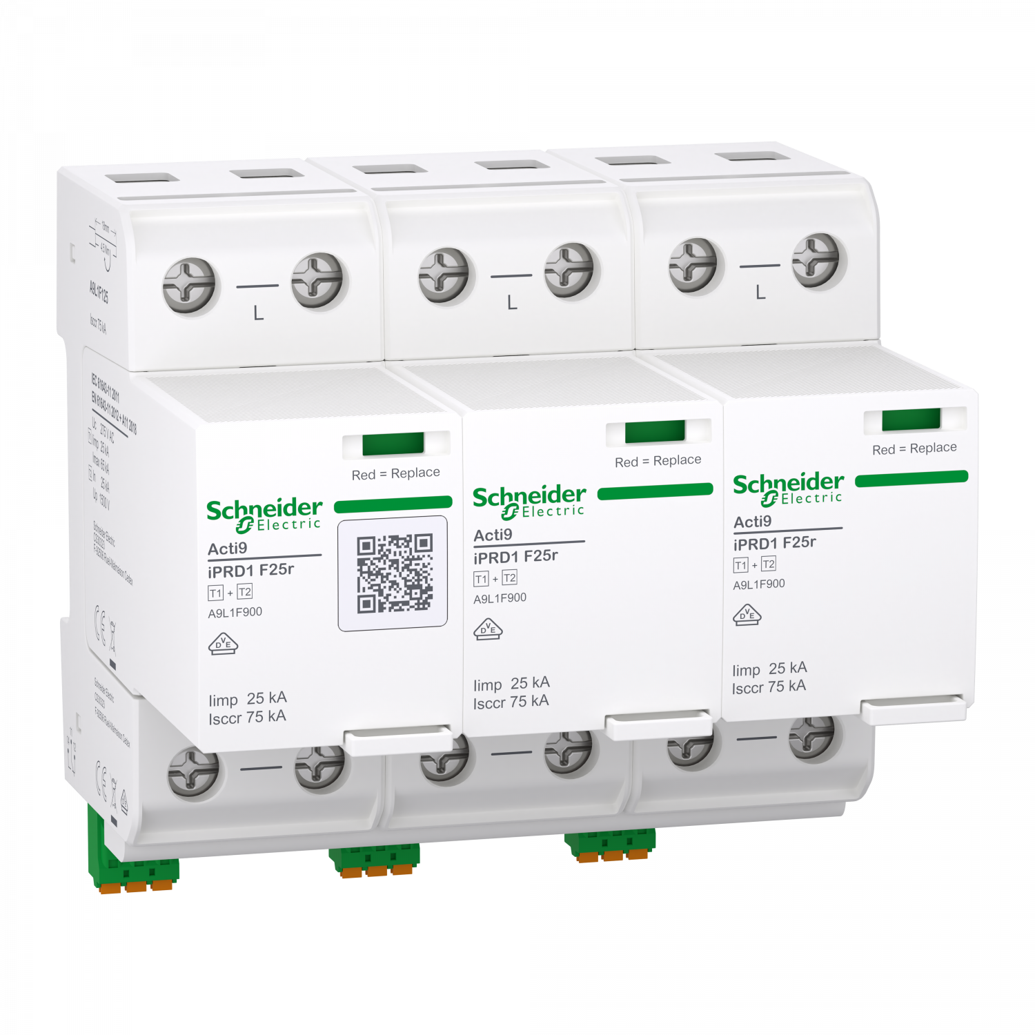 Acti9 IPRD1 F25r - Parafoudre autoprotégé - Type 1+2 - 3P - Imp=25kA/Icc=100kA