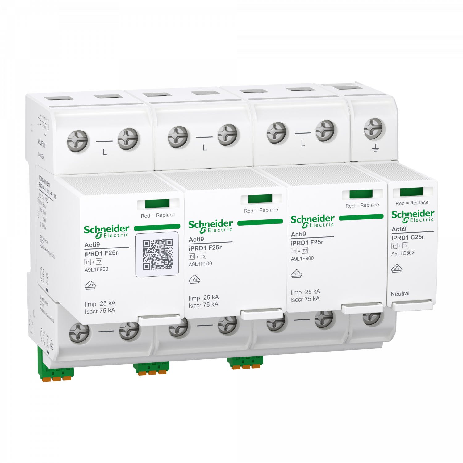 Acti9 IPRD1 F25r - Parafoudre autoprotégé - Type 1+2 - 3P - Imp=25kA/Icc=100kA