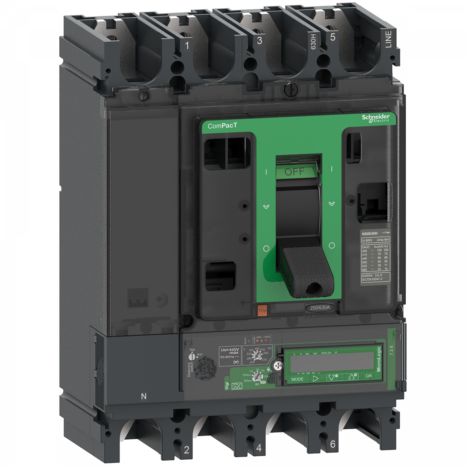 ComPacT NSX630F - Disjoncteur Vigi - MicroLogic 7.3E 570A - 4P4D - 36kA - fixe